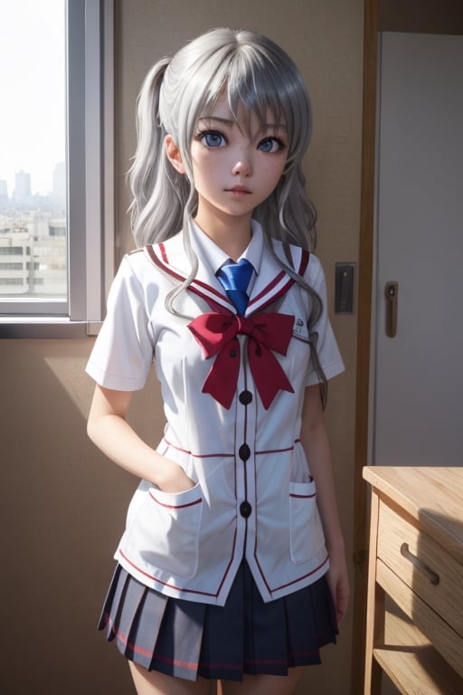 masterpiece,best quality,1girl,loli,Real people,nao tomori,Silver hair,Blue pupil,School uniform,Petite,Naked,