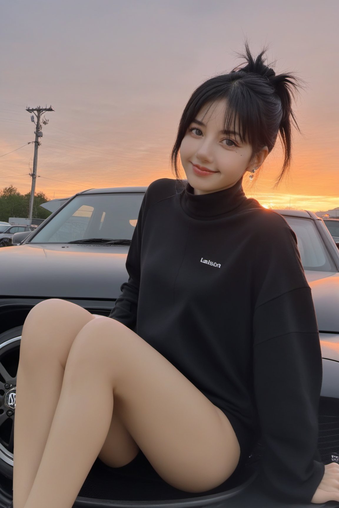 xxmix_girl, (closeup:1.2), 1girl,smile,best quality,8k,silver_hair,,black hair,messy hair, (nude:1.3), sitting on a klipsch speaker,sunset,in front of an old vw cad,3d style,lalalalisa_m