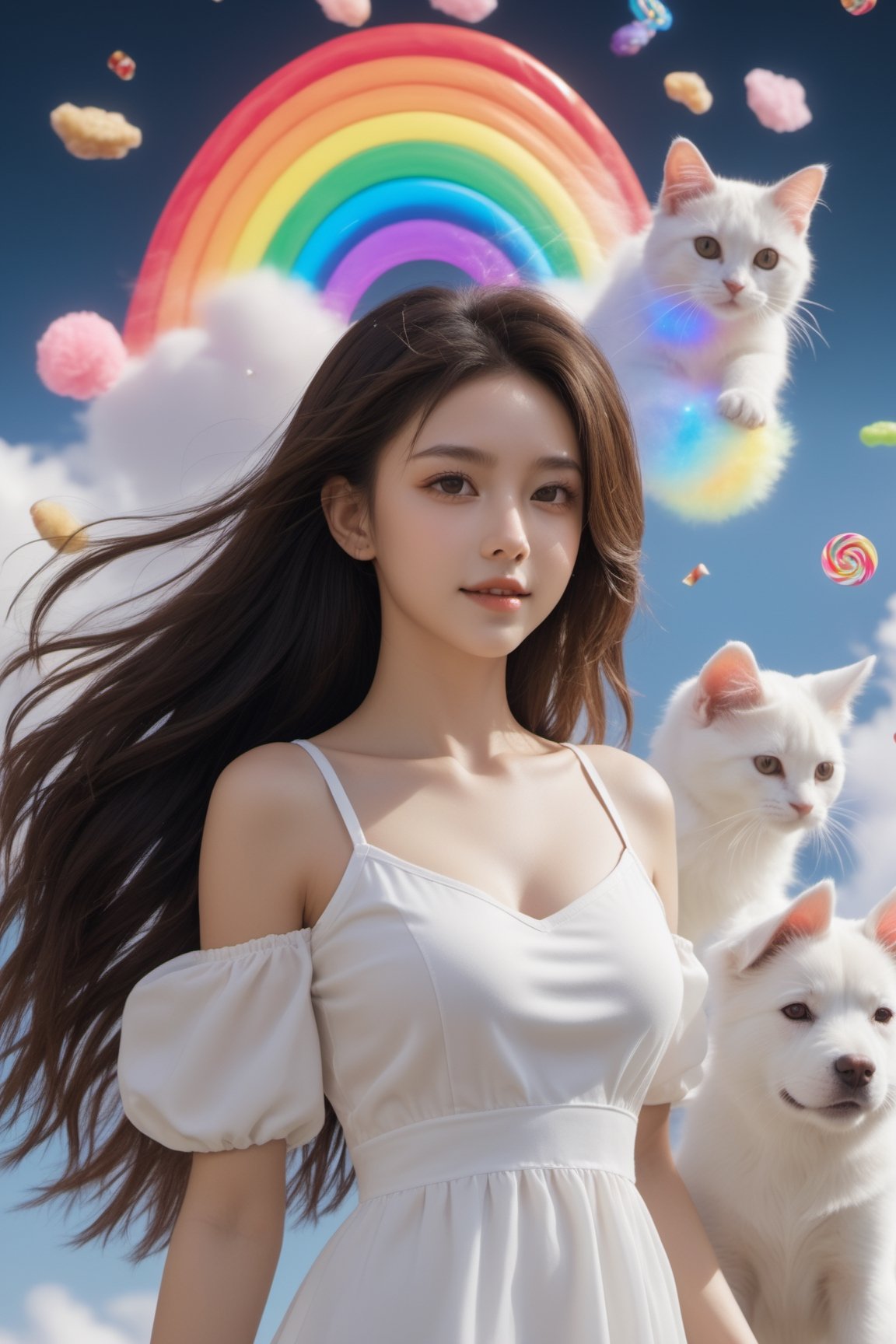 xxmix_girl, 1girl,(18 years old)smile,best quality,8k,fluffy long hair,messy hair, standing next to the klipsch small speaker,white dress,a cute pig dog cat, flying in the sky
a cute cat,a cute dog,Falling rainbow candies in the sky,tornado, typhoon,3d style,2 legs,3d toon style,chibi,cyborg style