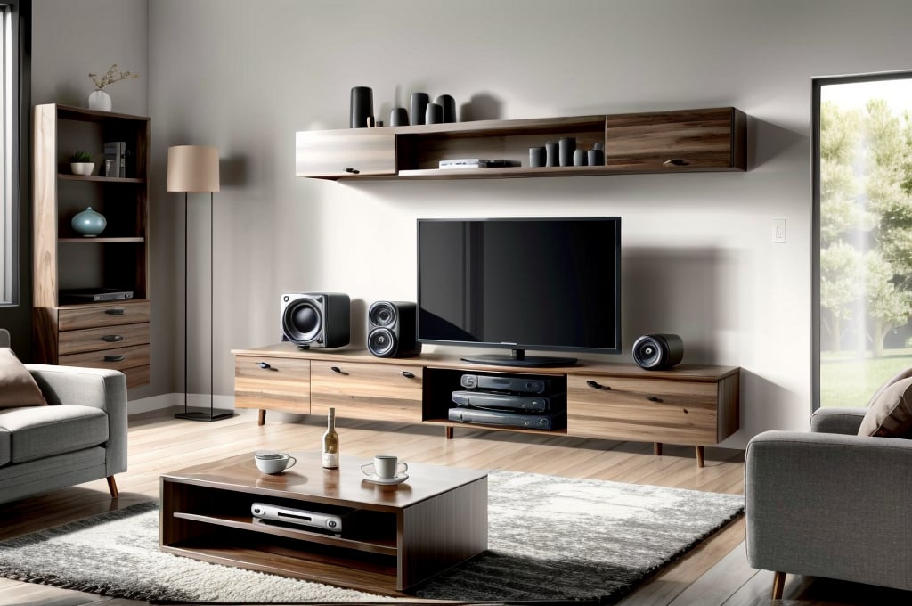 Very beautiful modern TV cabinet(jbl speaker
 on table)
 with high details, very beautiful modern sofa, 