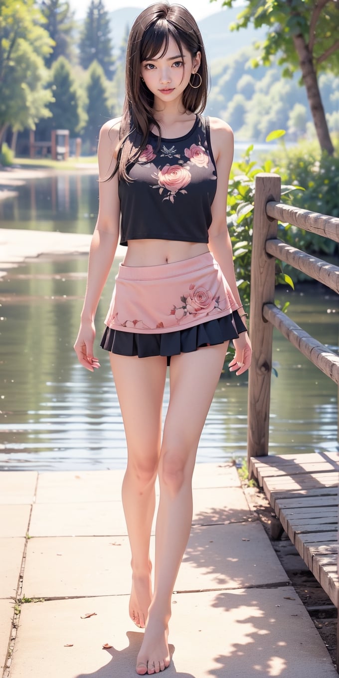 1girl, slim, black hair, balayage, bangs, blue eyes, closed mouth, peach tank top with rose illustration, mini skirt, bare feet, walking, lake, [2.5D:1], masterpiece, best quality, highres, newest, very aesthetic, ((seductive pose))