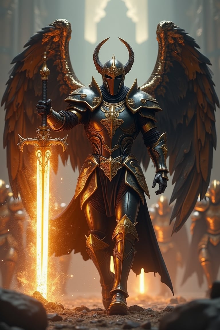 A hyper-realistic image of a tall, sturdy, bulky but sleek holy knight weilding a twohanded great sword raised up with both hands, glowing with royal aura, holy armor is intricately designed. intricately detailed holy wings folded in. running forward as vanguard in front of his royal warrior knights, the ground breaks and bursts at his every step forming an explosive debris of rocks and dirt.