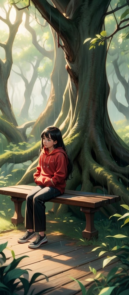 16k, realistic, perfect, dark green forest,1 girl,
,rain, big old tree ,
, long black hair,
,cry,
,little girl, (put both hands into the pockets of the red hoodie),


,long black loose trousers,

,
, sitting on top old wooden bench,

,, seen from afar,perfecteyes