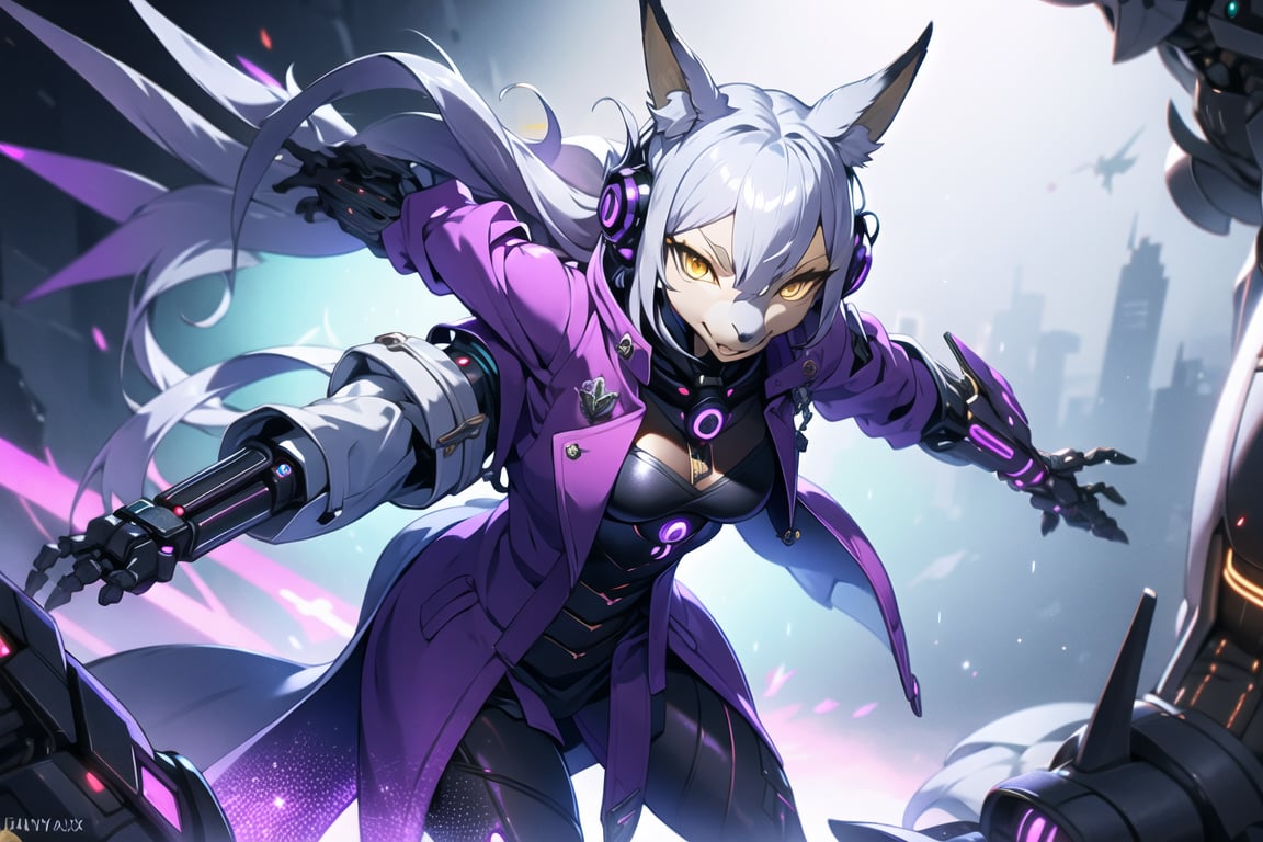 futuristic, foxy girl, Silver hair, yellow eyes, and shiny purple coat, fantasy, cybernetic,Xxmix_Catecat,pov,dragonborn