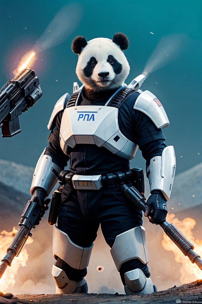 Panda in futuristic armor shooting plasma rifle against a colony of aliens bugs in hell