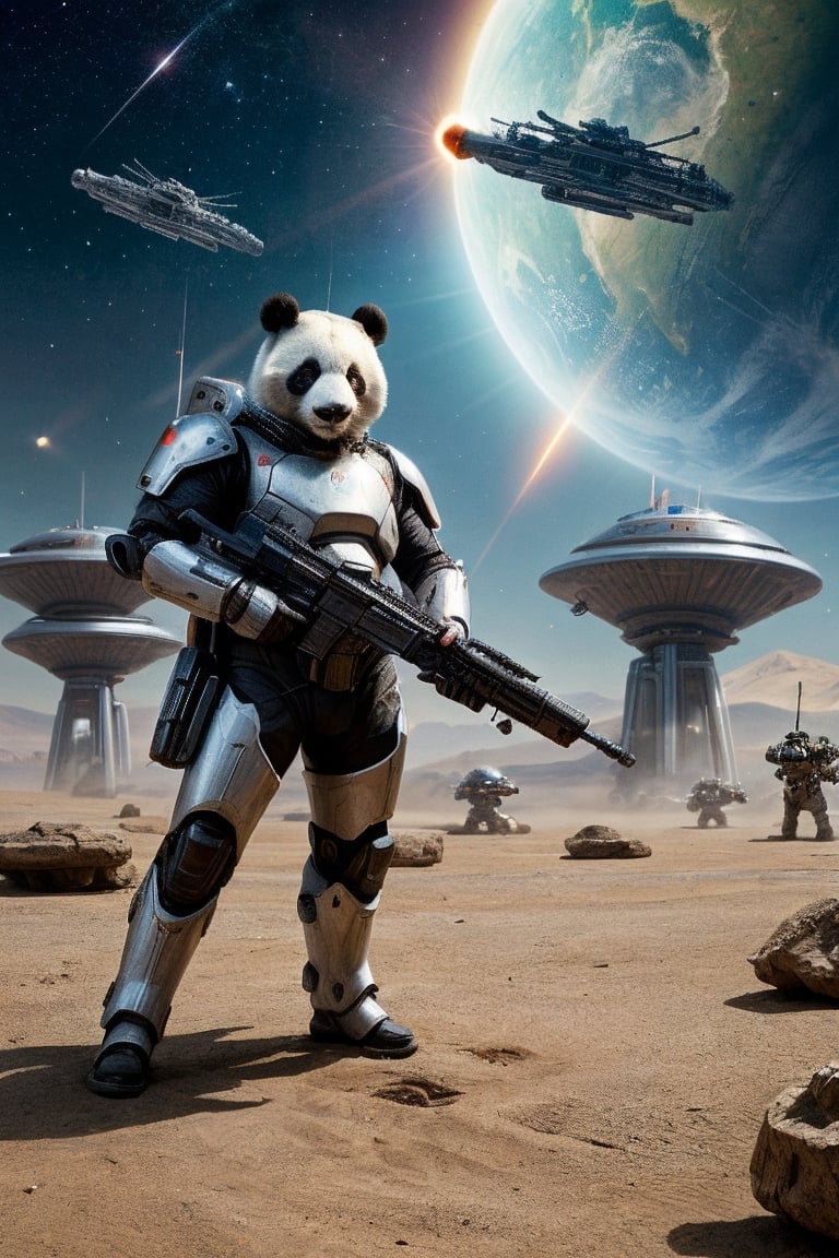 Panda in futuristic armor shooting plasma rifle, in a martian colony, surrounded by humanised giants ants, shooting laser weapons, in the background a starship battle in the sky, 