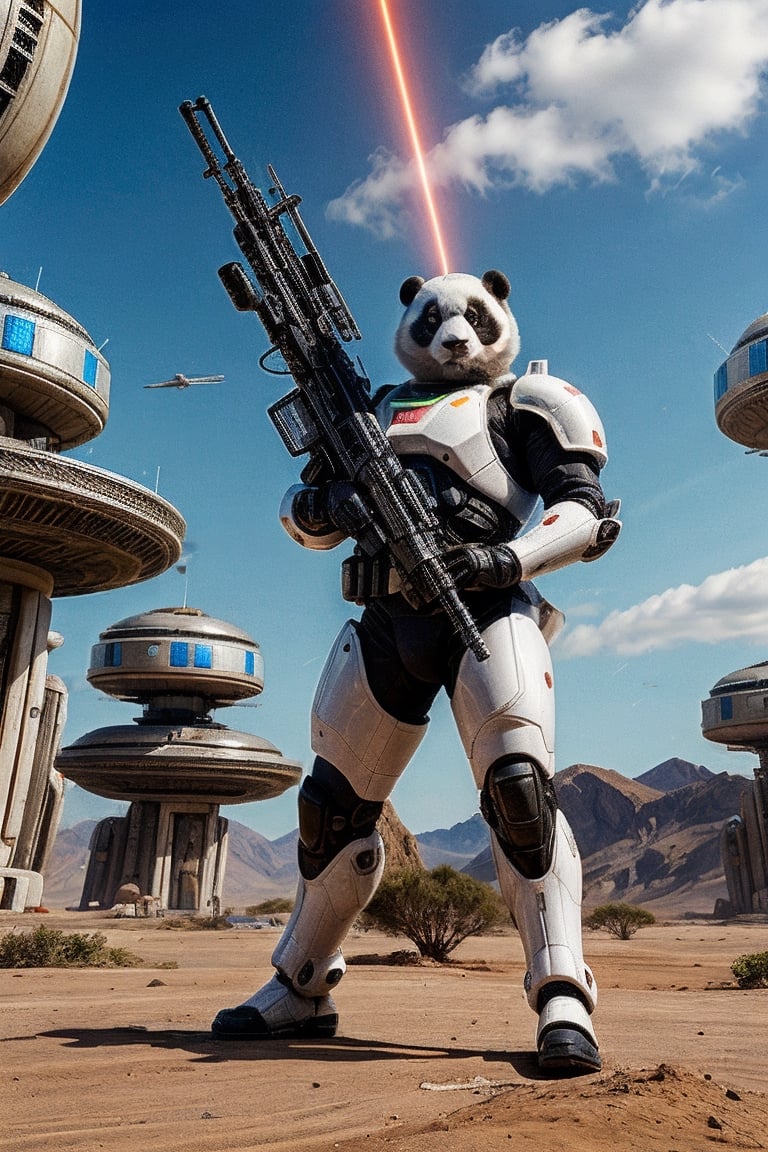 Panda in futuristic armor shooting plasma rifle, in a martian colony, surrounded by humanised giants ants, shooting laser weapons, in the background a starship battle in the sky, 