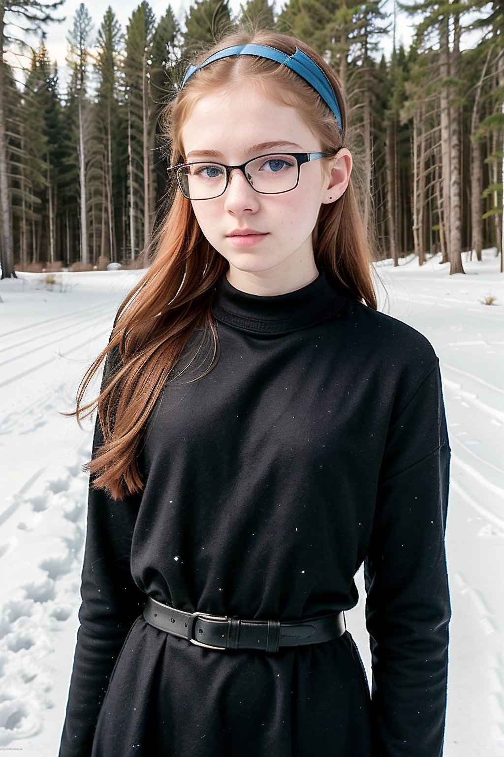  high details, hyper HD, cinematic lighting, 4k quality,Detailedface, full body photo of 13 y.o Chloe, black winter dress, pale skin, soft smile, hard shadows, blue eyes, Redhead,  neckline, teen body, adolescent, teen, 13  years old, realistic, glasses, headband, SFW