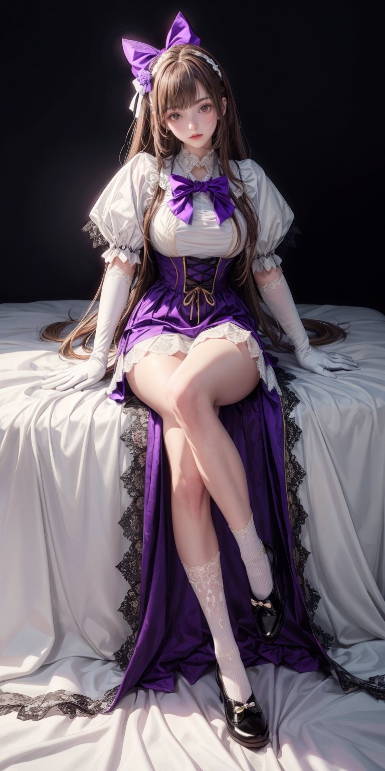 A girl (wearing medieval dress), [with white gloves on her lace hands], {long brown hair, with purple fluffy bow and bows}, with black high-top shoes, sexy, climax