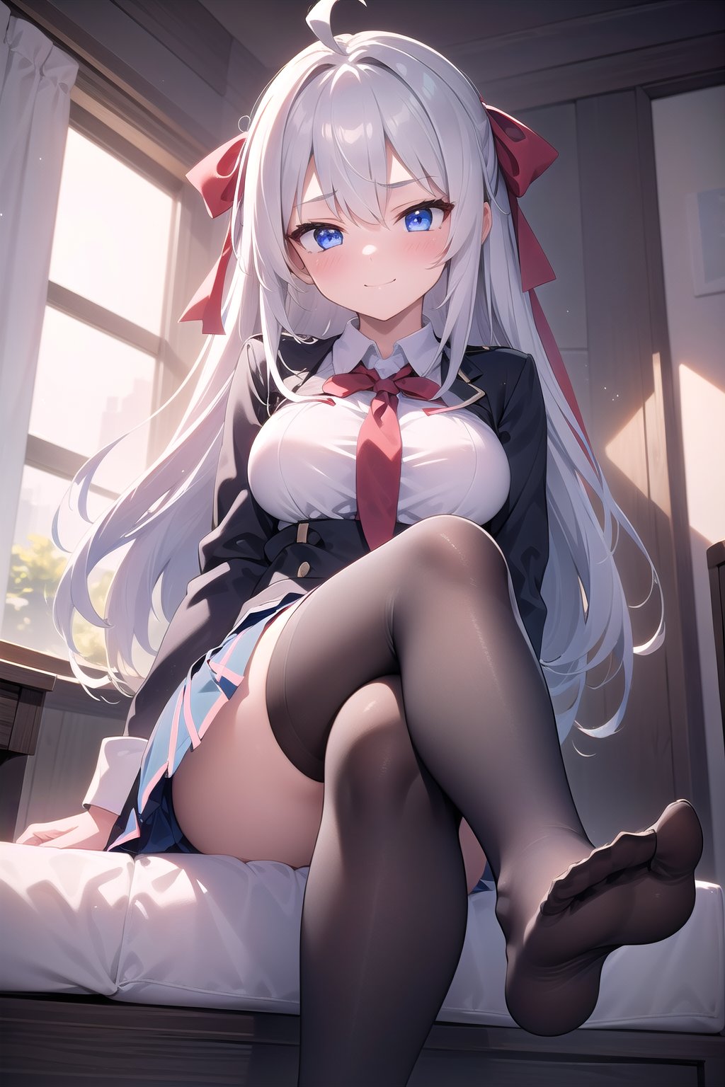 1girl, young woman, (medium sized breasts), long and straight silver hair, ahoge, red hair ribbon, blue eyes, blush on her cheeks, good hands, good feet, looking_at_viewer, masterpiece, textured skin and high-quality details render every feature anatomically correct, highest quality and most minute details, best quality, highres, 1080P, 4K, 8k, detailed_background, (foot focus), MizarFeet, 1 girl, skirt, pov, (footstomp:1.2), school_uniforms, half closed eye, smile, smug, sitting, crossed legs, white thighhigh