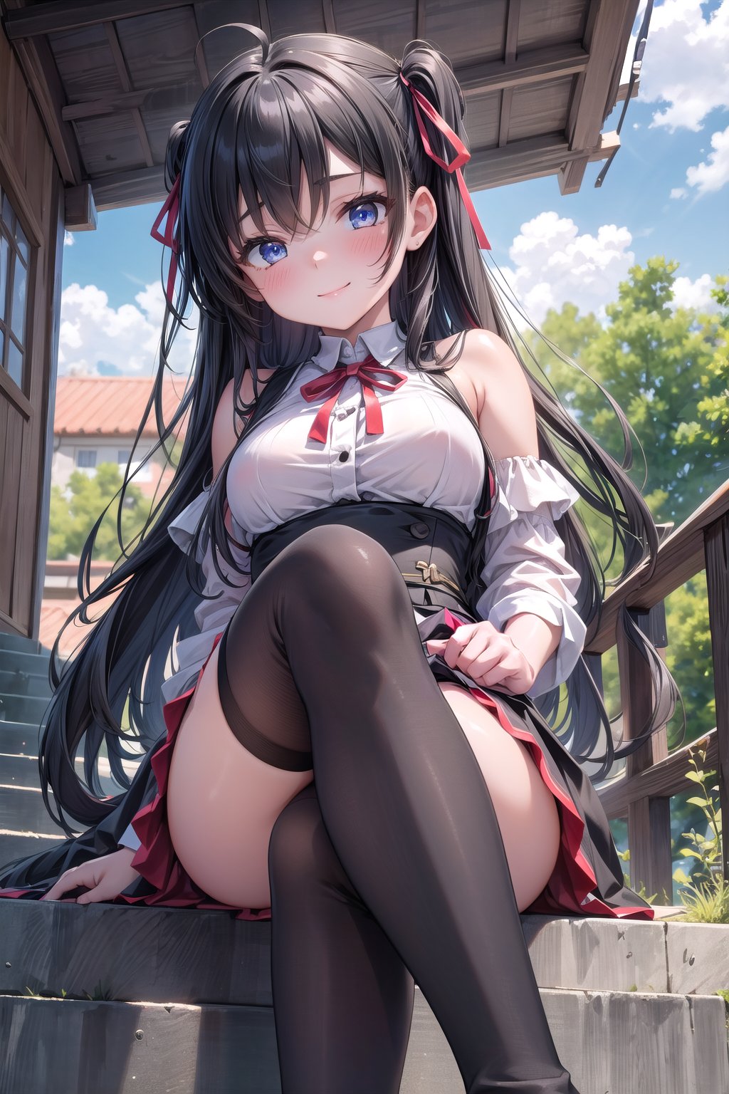 1girl, (medium sized breasts), straight long black hair, ahoge, red hair ribbon, blue eyes, blush on her cheeks, good hands, (good feet:1.2), masterpiece, textured skin and high-quality details render every feature anatomically correct, highest quality and most minute details, best quality, highres, 1080P, 4K, 8k, detailed_background, outdoors, half closed eye, seductive smile, skirt_lift, dress, bare_shoulders, from below, black thighhighs, stoop