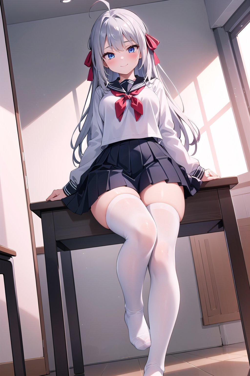 1girl, young woman, (medium sized breasts), long and straight silver hair, ahoge, red hair ribbon, blue eyes, blush on her cheeks, good hands, good feet, looking_at_viewer, masterpiece, textured skin and high-quality details render every feature anatomically correct, highest quality and most minute details, best quality, highres, 1080P, 4K, 8k, detailed_background, (foot focus), MizarFeet, 1 girl, skirt, pov, (footstomp:1.2), in classroom, (low-angle), sitting, school_uniforms, white thighhighs, half closed eye, smile, smug