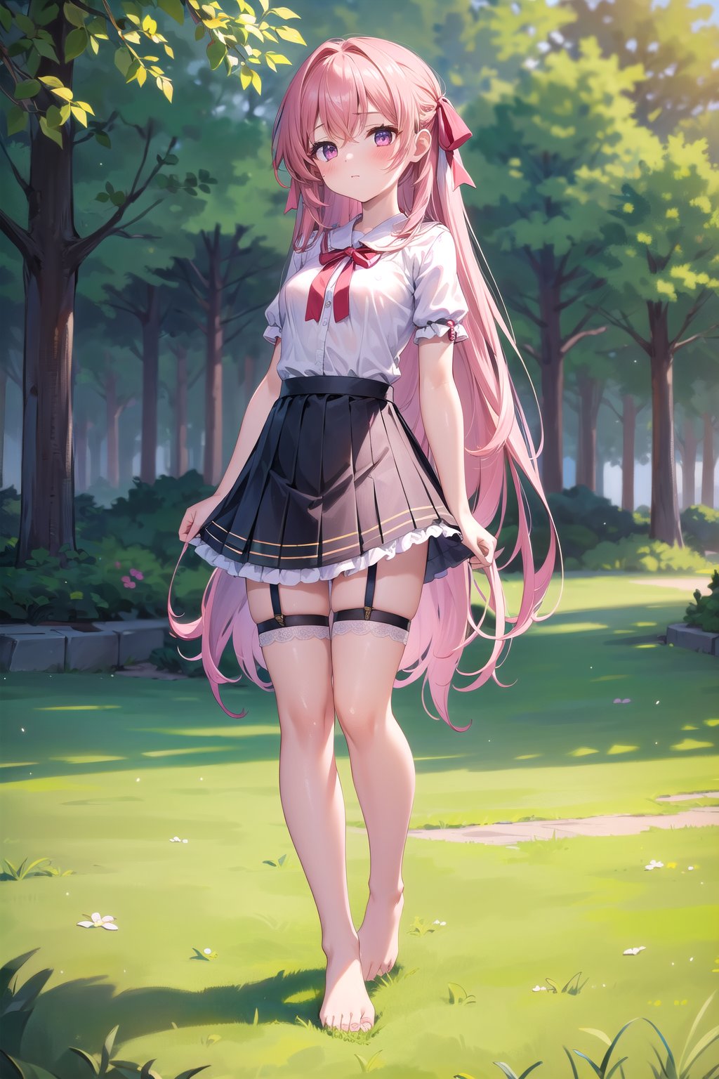 1girl, (foot focus:1.3), (small to medium sized breasts:1.2), long hair with hair ribbon, blush on her cheeks, good hands, (full body shot:1.5), looking_at_viewer exuding confidence and allure, masterpiece, textured skin and high-quality details render every feature anatomically correct, highest quality and most minute details, best quality, highres, 1080P, 4K, 8k, detailed_background, outdoors, skirt, (garter ring), wetshirt, bent knee