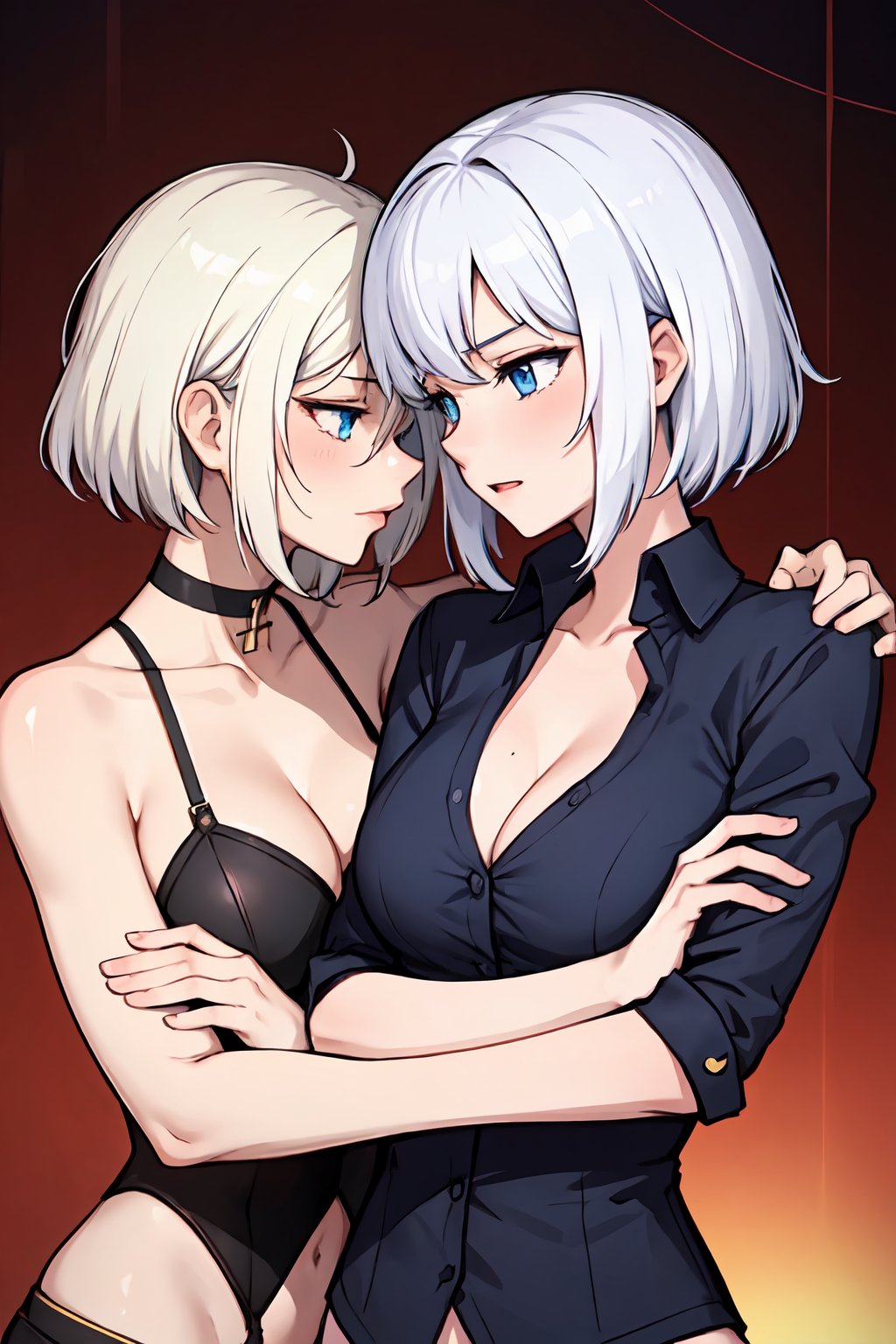 White_hair, cleavage, blue_eyes, crossed_arms, mating_press, lesbian, girl's_love, yuri