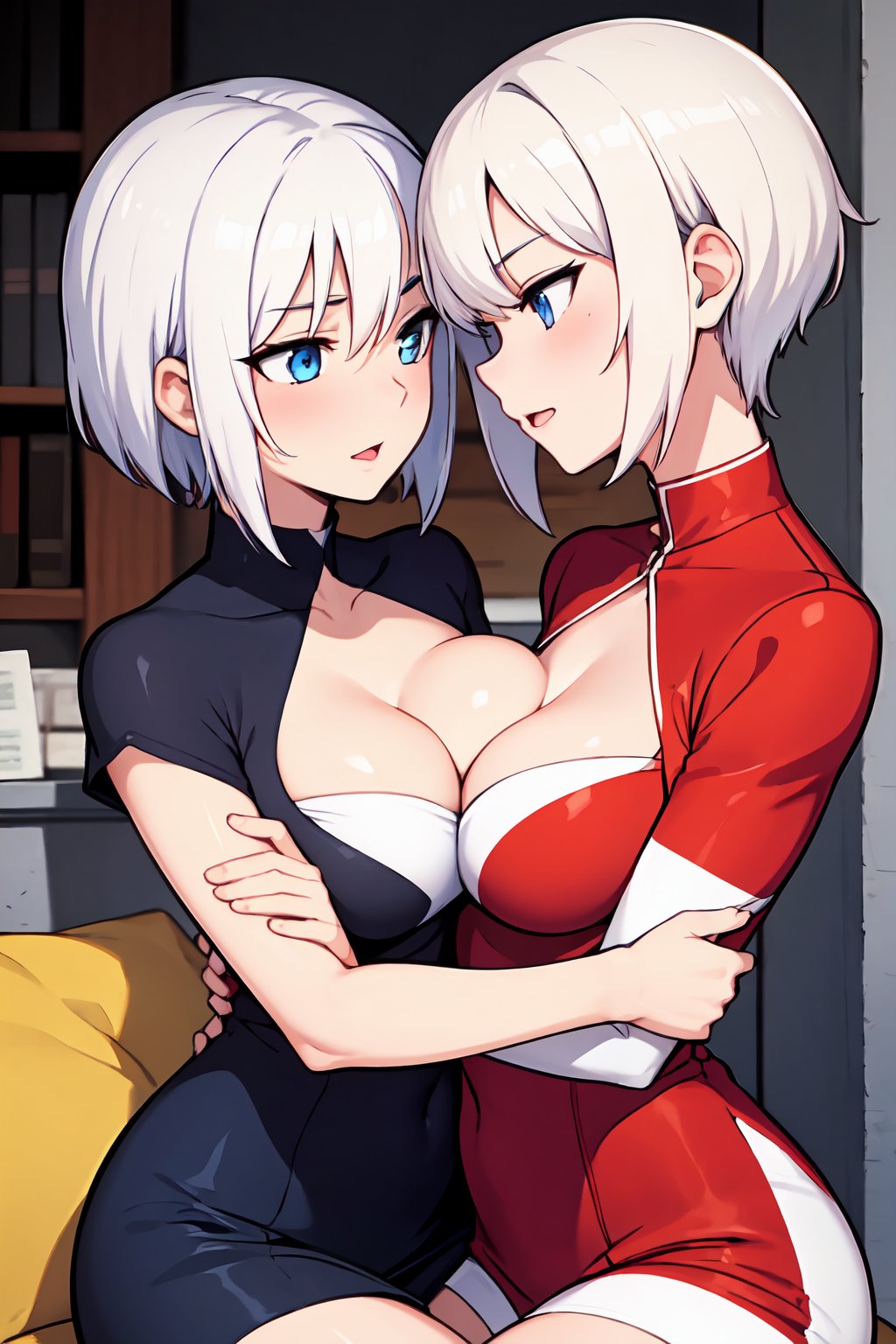 White_hair, cleavage, blue_eyes, crossed_arms, mating_press, lesbian, girl's_love, yuri