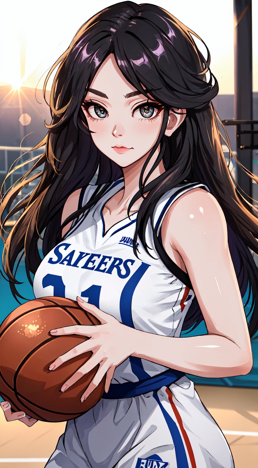 8k, Best Quality, Masterpiece: 1.2), Super Detailed, Best Quality, Super High Resolution, Professional Lighting, Photon Mapping, Radiosity, Physically Based Rendering, Cinematic Lighting , basketball court, depth of field, focus, sun rays, good composition, (bokeh: 1.2), 1 girl, (whole body), (closed mouth), beautiful eyes, pose, constriction, basketball uniform, black hair , messy hair, long hair blowing in the wind,(ulzzang-6500:1.2) mix4, hiqcgbody, large breasts, a littel sexy outfits
