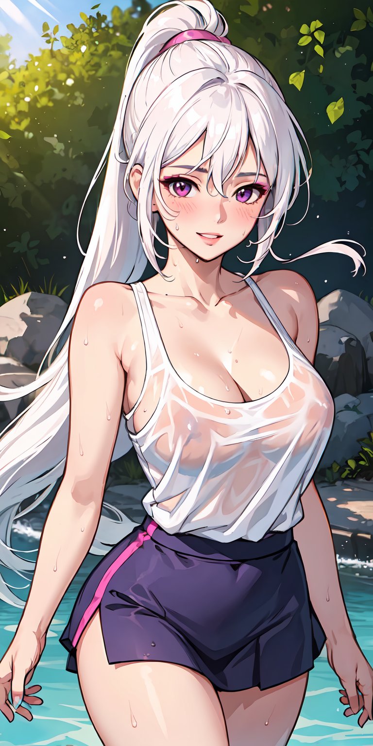 realistic, 1girl, ponytail, parted lips, blush, makeup, light smile, white hair, sportswear pink, skirt, wet clothes, glow, thighs, purple eye, bare shoulders, collarbone, narrow waist, sunbeam, sunlight, rose, wind, cleavage, (masterpiece), sweat,