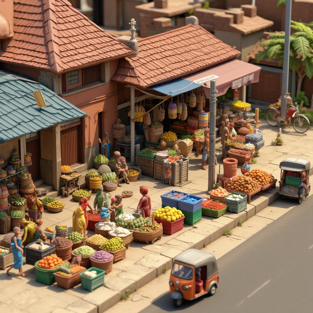 single layered 3D scene with colorful stalls selling fruits, vegetables, and spices. Bicycles, tuk-tuks/three wheelers, and street vendors on the roadside. small food carts with traditional snacks, customers bartering with vendors. stops have clay tiled roofs or thatched roofs. walls are made of clay or wood. Bright, sunlit ambiance with detailed shadows. Textures of rough concrete, worn fabrics, and fruit baskets. Vivid color palette with a tropical feel. Highly detailed, 8K resolution.