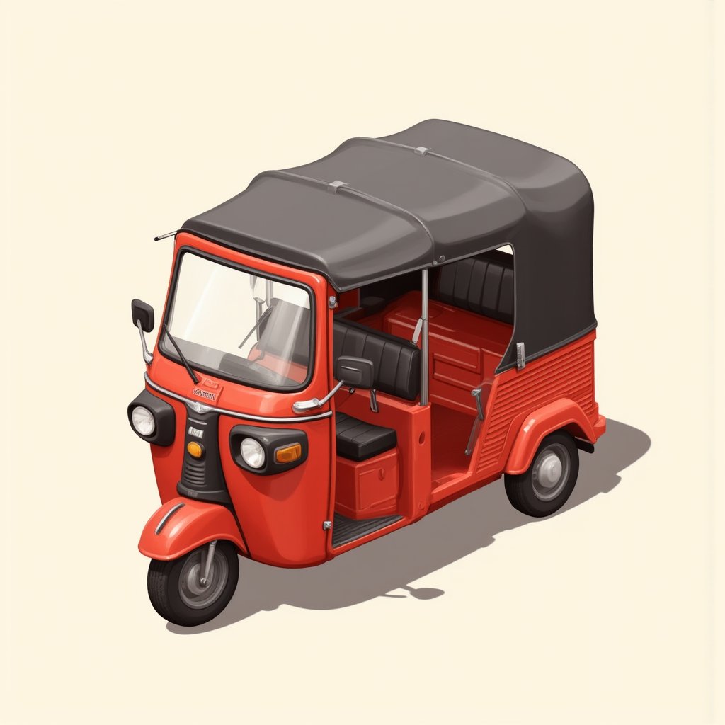 bajaj red tuk-tuk,, isometric, solid background, thick black outlines, clear outlines, sharp outlines