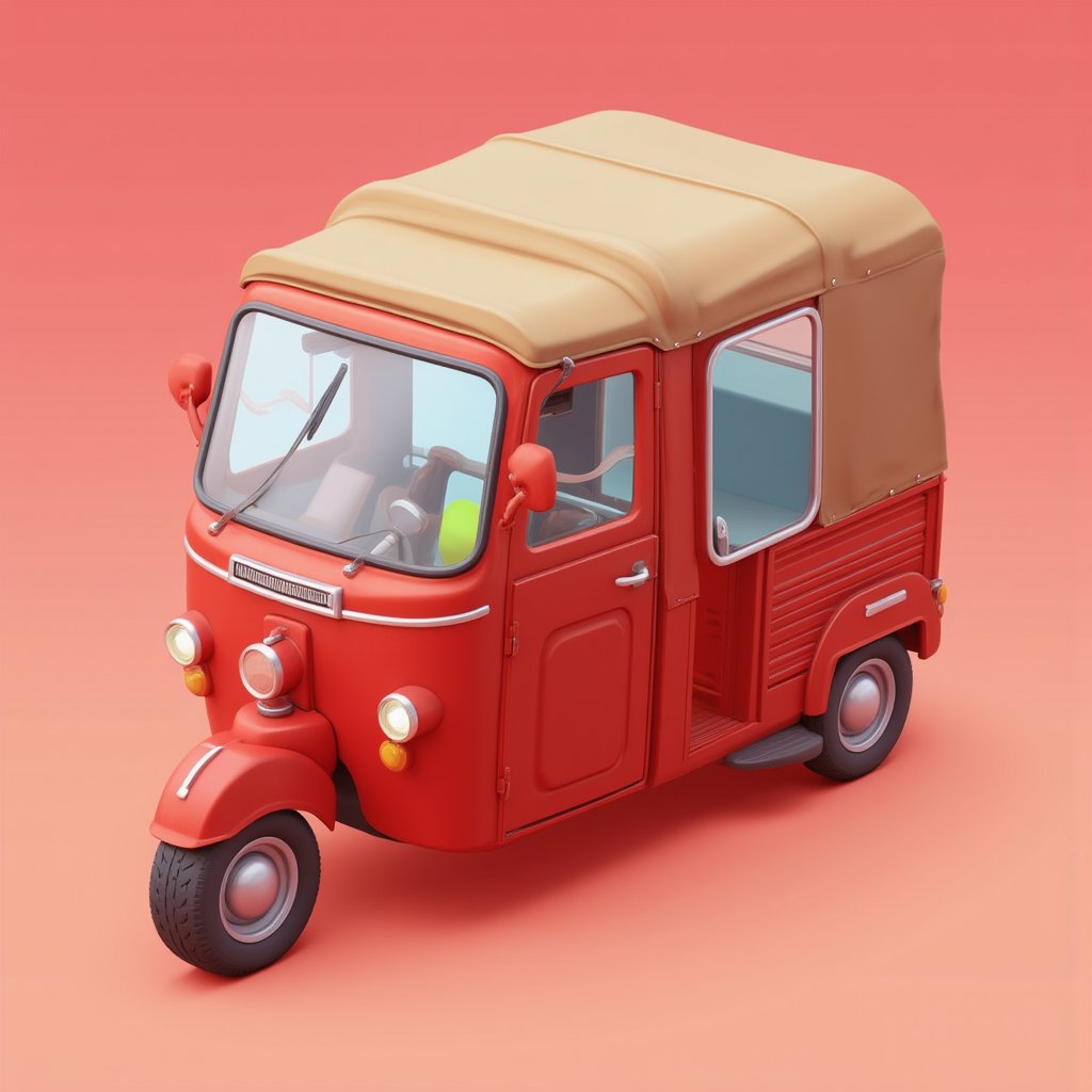 bajaj red tuk-tuk,, isometric, solid background