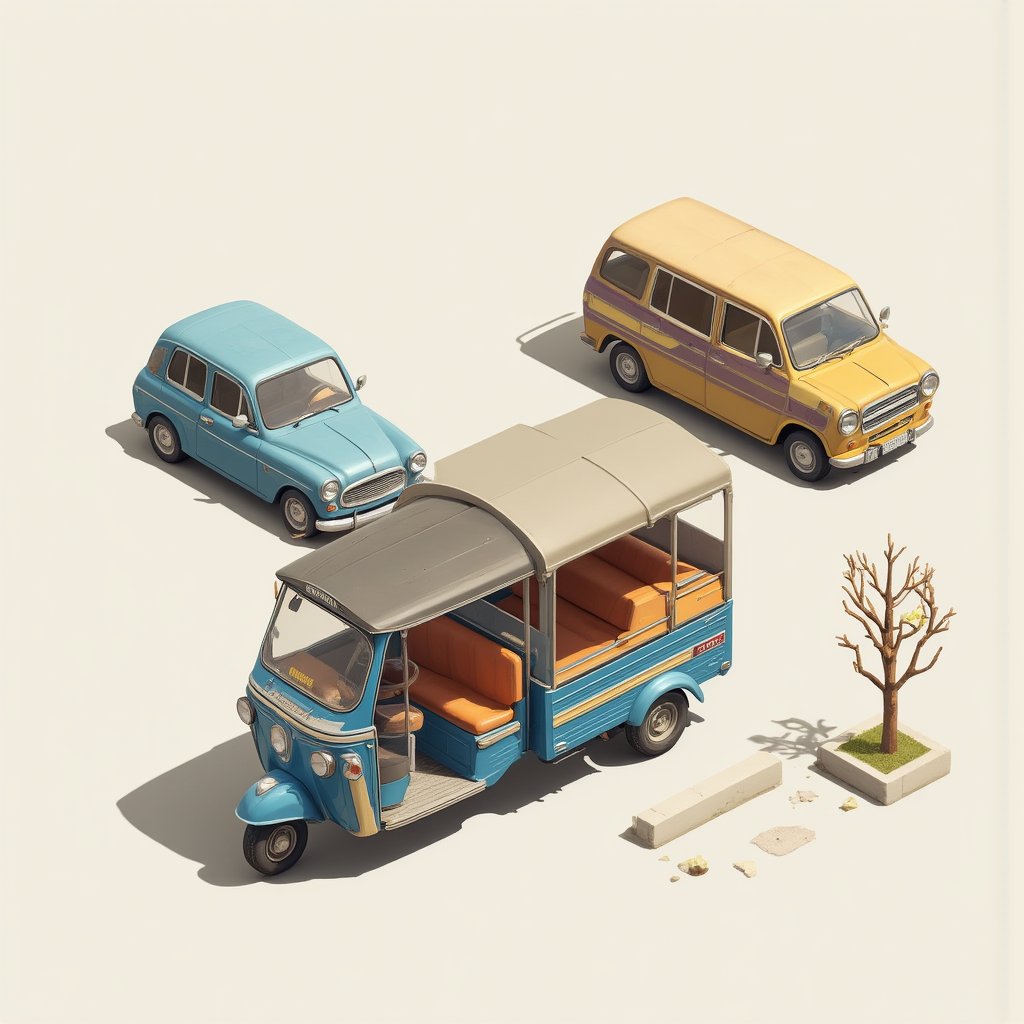 tuk-tuk, old car, bus and van, isometric, solid background