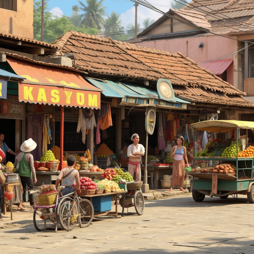 single layered 3D scene with colorful stalls selling fruits, vegetables, and spices. Bicycles, tuk-tuks/three wheelers, and street vendors on the roadside. small food carts with traditional snacks, customers bartering with vendors. stops have clay tiled roofs or thatched roofs. walls are made of clay or wood. Bright, sunlit ambiance with detailed shadows. Textures of rough concrete, worn fabrics, and fruit baskets. Vivid color palette with a tropical feel. Highly detailed, 8K resolution.