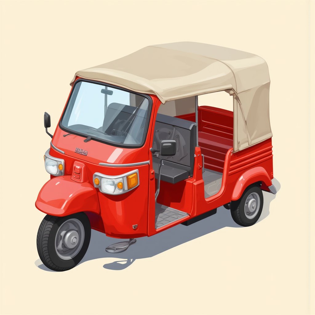 bajaj red tuk-tuk,, isometric, solid background, thick black outlines, clear outlines, sharp outlines