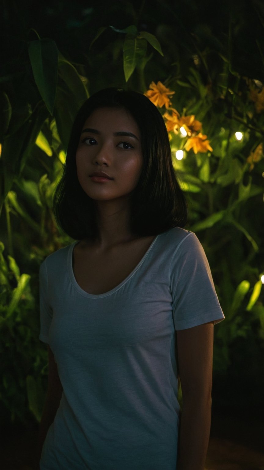 nsfw, ., . , ., slender local indoneisan girl face, black-hair,

, feminine pose, (((full body))), sweet smile,


,cinematic film still of  dim light, low light, dramatic light, partially covered in shadow, realistic photo, close-up, close-up shot,

,,white t shirt,,

 ,, masterpiece,., radiating an air of allure and sophisticated charm, with a striking, captivating face, 

,positioned against the backdrop of a busy nighttime garden, glowing leaves, ,glowing flower,

,her gaze piercing into the camera.,

Low-key lighting , 32k resolution, best quality, (high saturation:1.1), edgy, photo-real, Style,sky, at dusk,scenery, shallow depth of field, vignette, highly detailed, high budget, bokeh, cinemascope, moody, epic, gorgeous, film grain, grainy,Low-key lighting Style,photo r3al,p3rfect boobs,neon photography style,inst4 style,light spot