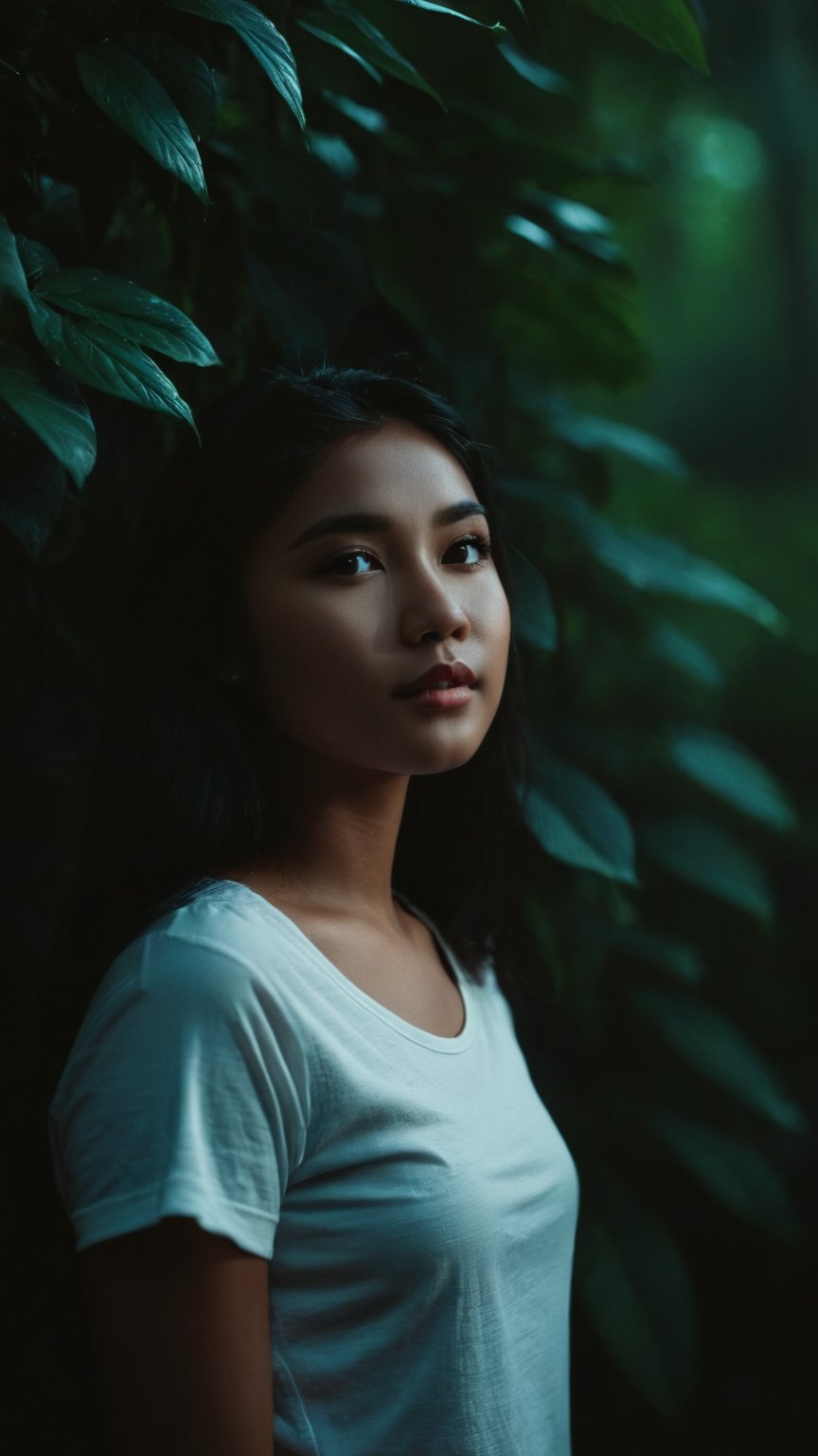 full body, Indonesian local girl, feminine pose, light make-up,smile,cinematic film still of dim light, low light, dramatic light, partially covered in shadow, realistic photo, close-up, close-up shot, plain white t-shirt, masterpiece, ripped long denim pants, 18 years old, radiating an air of allure and sophisticated charm, with a striking, captivating face, positioned against the backdrop of a busy nighttime fantasy forest, shining leaves, shining flowers,, her gaze piercing into the camera, Low-key lighting , 32k resolution, best quality, high saturation , edgy, photo-real, Style, sky, at dusk,scenery, shallow depth of field, vignette, highly detailed, high budget, bokeh, cinemascope, moody, epic, gorgeous, film grain, grainy, Low-key lighting Style ,neon photography style