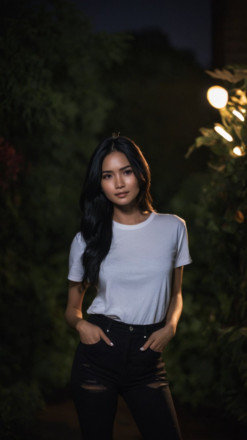 nsfw, ., . , ., slender local indoneisan twenty year old girl face, black hair,

, feminine pose, (((full body))), smile,


,cinematic film still of  dim light, low light, dramatic light, partially covered in shadow, realistic photo, close-up, close-up shot,

,(((white long t-shirt))), ,
, (((ripped black long denim pants))),,

 ,, masterpiece,., radiating an air of allure and sophisticated charm, with a striking, captivating face, 

,positioned against the backdrop of a busy nighttime garden, glowing leaves, ,glowing flower,

,her gaze piercing into the camera.,

Low-key lighting , 32k resolution, best quality, (high saturation:1.1), edgy, photo-real, Style,sky, at dusk,scenery, shallow depth of field, vignette, highly detailed, high budget, bokeh, cinemascope, moody, epic, gorgeous, film grain, grainy,Low-key lighting Style,photo r3al,p3rfect boobs,neon photography style,inst4 style,light spot