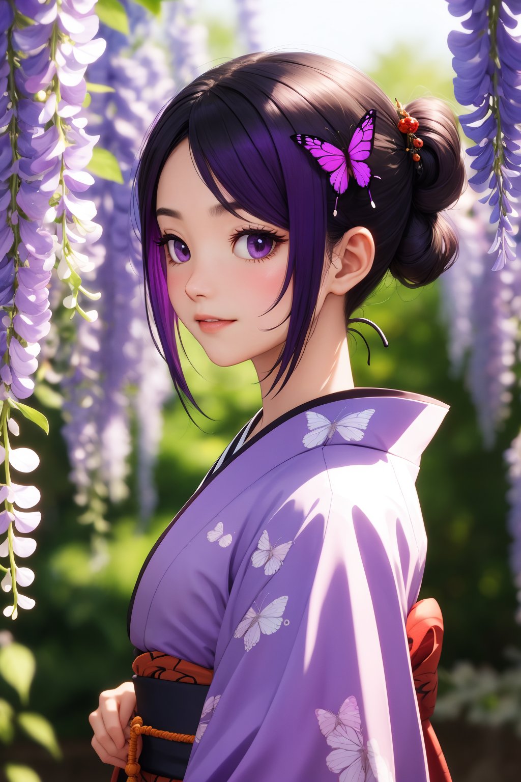 score_9, score_8_up, score_7_up, i want the whole image to be created in 3D anime style, 1girl, solo, looking at viewer, smile, short hair, bangs, black hair, hair ornament, closed mouth, purple eyes, upper body, purple hair, flower, multicolored hair, japanese clothes, kimono, blurry, from side, lips, parted bangs, eyelashes, depth of field, blurry background, bug, animal print, butterfly, butterfly hair ornament, haori, demon slayer uniform, butterfly print, wisteria, kochou shinobu