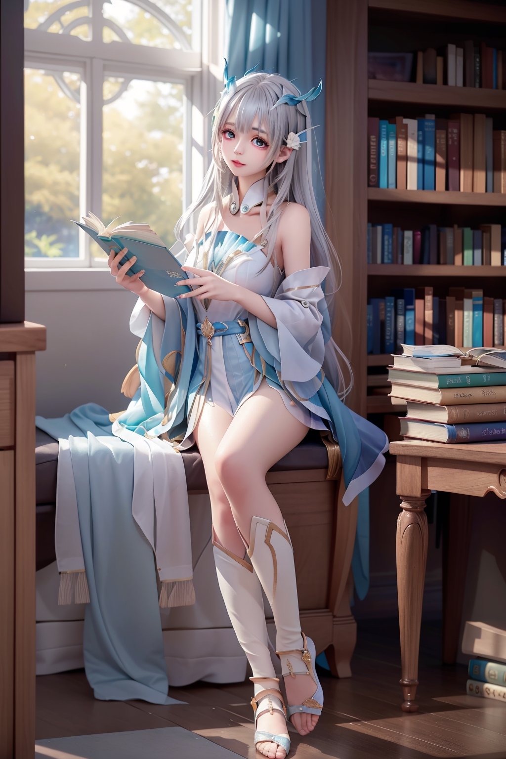 full body of a lady immersed in a library, surrounded by stacks of books and shelves filled with literary treasures. She is engrossed in her reading, her fingertips delicately holding a book as her eyes scan the pages. The soft light from a nearby window illuminates her features, casting a warm glow on her face