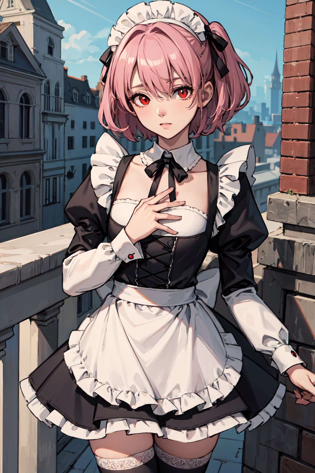 rezeroram, ram, hair flower, hair ornament, hair over one eye, pink hair, (red eyes:1.5), short hair, x hair ornament, (flat chest:1.2),BREAK apron, black bow, black dress, black ribbon, bow, detached sleeves, dress, frilled apron, frilled sleeves, frills, juliet sleeves, long sleeves, maid, neck ribbon, puffy sleeves, ribbon, roswaal mansion maid uniform, thighhighs, two-tone dress, waist apron, white bow, white dress, white thighhighs,,BREAK outdoors, city,BREAK looking at viewer, BREAK, (masterpiece:1.2), best quality, high resolution, unity 8k wallpaper, (illustration:0.8), (beautiful detailed eyes:1.6), extremely detailed face, perfect lighting, extremely detailed CG, (perfect hands, perfect anatomy),
