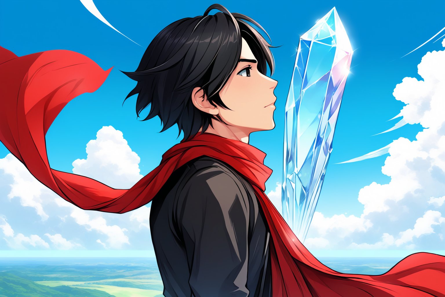 "a stylized portrait of a young man in profile view facing right, with short black hair, wearing a flowing red scarf blowing in the wind, standing in front of a blue sky and clouds with a giant crystal in the distance, in an anime art style, final fantasy, JRPG aesthetic, vibrant colors, detailed and dynamic composition.