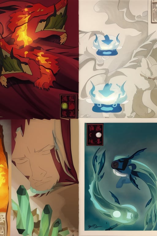 a series of four illustrations depicting the four original bending masters, beautiful avatar pictures, sigils, mtg art style, flying mythical beasts, mythical creatures, [[fantasy]], detailed fanart, from top left and [[in a circle]], [[red chinese dragon with fire element - red]], [[white bison with air element - white]], [[two blue koi fish encircling each other with water element, blue]], [[green badge with earth element, green]], with the spirit of light in the middle all on a parchment or scroll background with symbols for earth, air, fire and water in Asian characters., full color illustration, full art, with background ancient parchment or scroll,no_humans,circleframe,scenery,the legend of korra