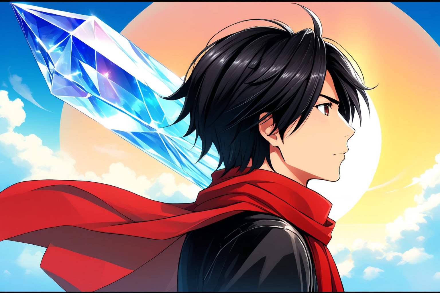 "a stylized portrait of a young man in profile view facing right, with short black hair, wearing a flowing red scarf blowing in the wind, standing in front of a blue sky and clouds with a giant crystal in the distance, in an anime art style, final fantasy, JRPG aesthetic, vibrant colors, detailed and dynamic composition.