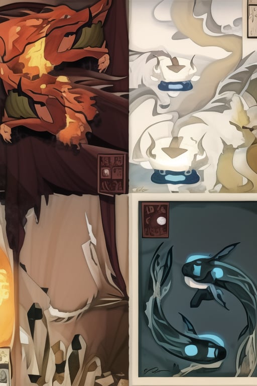 a series of four illustrations depicting the four original bending masters, beautiful avatar pictures, sigils, mtg art style, flying mythical beasts, mythical creatures, [[fantasy]], detailed fanart, from top left and [[in a circle]], [[red chinese dragon with fire element - red]], [[white bison with air elema series of four illustrations depicting the four original bending masters, beautiful avatar pictures, sigils, mtg art style, flying mythical beasts, mythical creatures, [[fantasy]], detailed fanart, from top left and [[in a circle]], [[red chinese dragon]] with fire element - red, [[white bison]] with air element - white, [[two blue koi fish encircling each other]] with water element, blue, [[green badger]] with earth element, green, with the spirit of light in the middle all on a parchment or scroll background with symbols for earth, air, fire and water in Asian characters., full color illustration, full art, with background ancient parchment or scroll,no_humans, circleframe, sceneryent - white]], [[two blue koi fish encircling each other with water element, blue]], [[green badge with earth element, green]], with the spirit of light in the middle all on a parchment or scroll background with symbols for earth, air, fire and water in Asian characters., full color illustration, full art, with background ancient parchment or scroll, no_humans, circleframe, scenery, the legend of korra, bright, rich colors,the legend of korra,circleframe