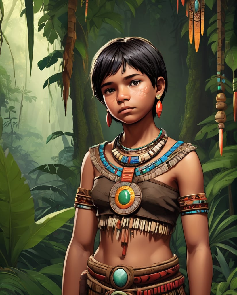 girl i12 years old, short hair, indigenous ornaments, covered chest, full body,  jungle background