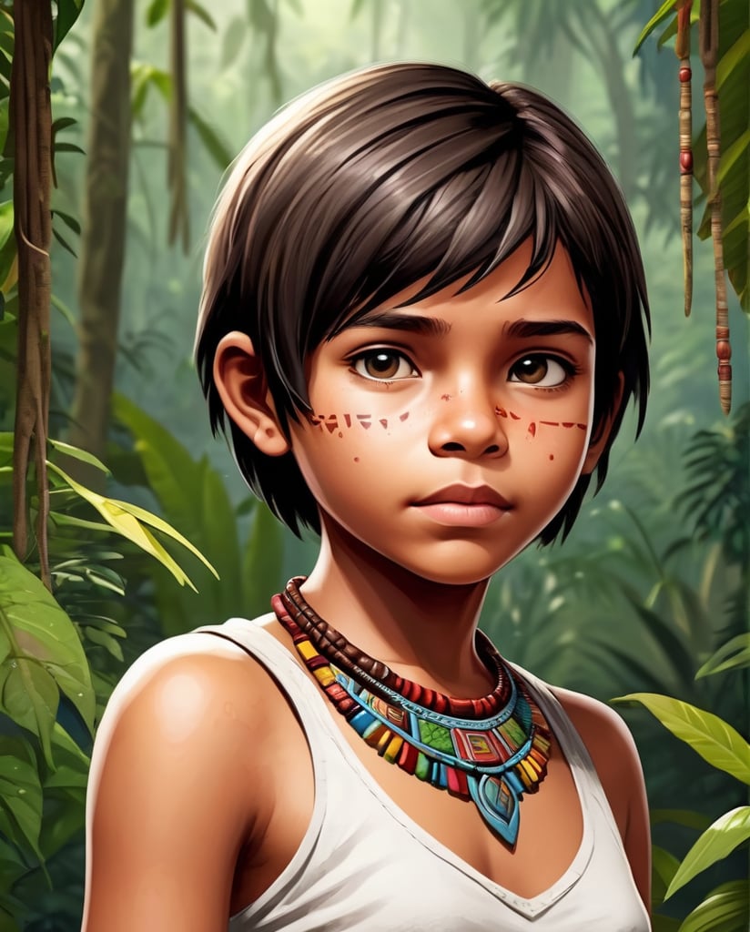 girl i12 years old, short hair, indigenous ornaments, covered chest, full body,  jungle background