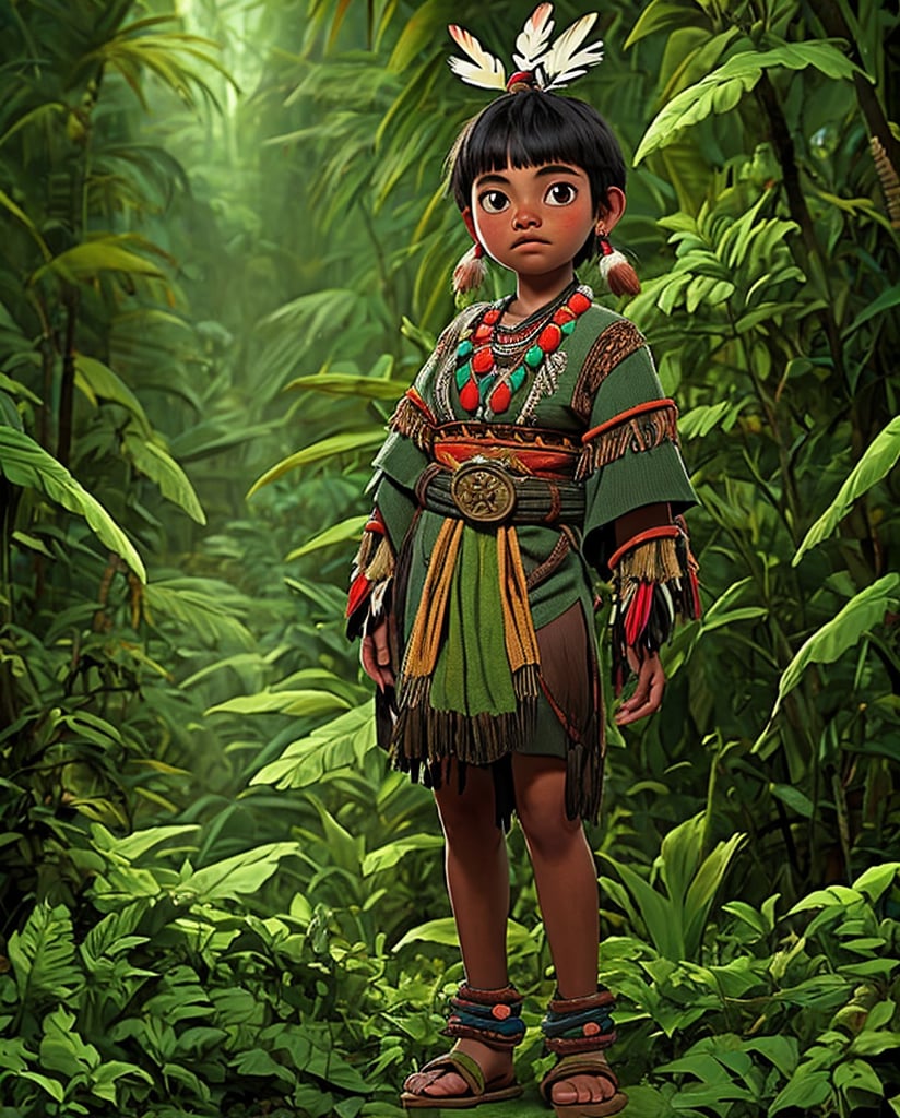 girl i12 years old, short hair, indigenous ornaments, covered chest, full body,  jungle background