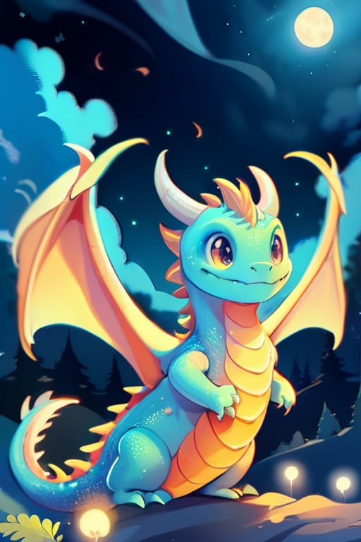 cute dragon, no humans, solo, horns, flying in the sky, night, moon, bokeh, anime, anime style
