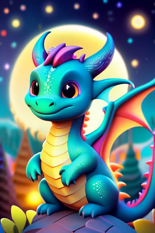 cute dragon, no humans, solo, horns, flying in the sky, night, moon, bokeh
