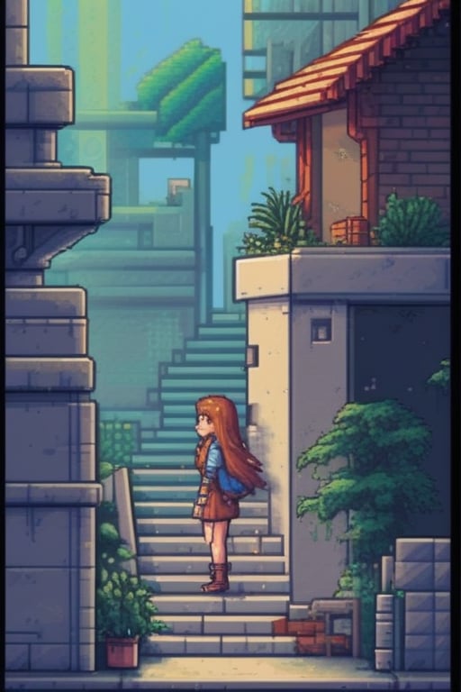 pixel art, 1girl, bird, solo, long hair, stairs, bag, plant, 
