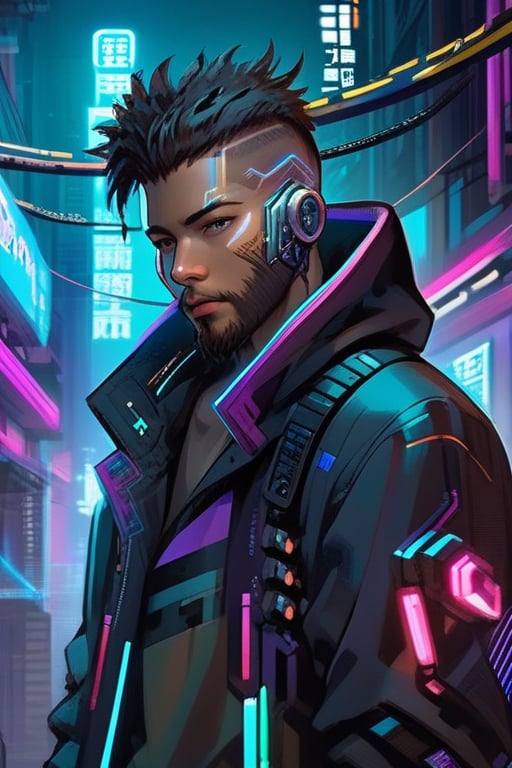 1boy, beard, cable, cyberpunk, cyberpunk style, cyborg, facial hair, hood, jacket, looking at viewer, male focus, neon lights, open clothes, science fiction, solo, upper body
