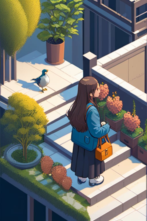 1girl, bird, solo, long hair, stairs, bag, plant, isometric