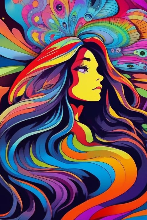 Psychedelic, psy art, colorful, long hair, 1girl, looking at viewer