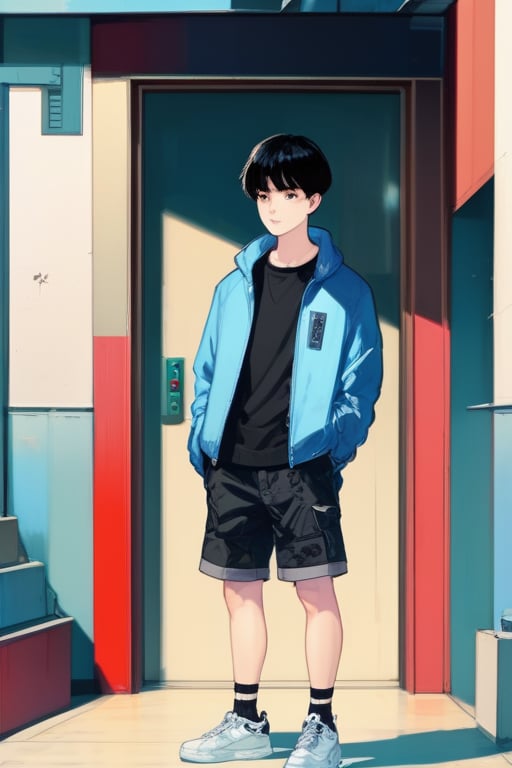 solo, 1boy, shorts, male focus, shoes, jacket, standing, short hair, shirt, building, black hair,lofi, lofi style