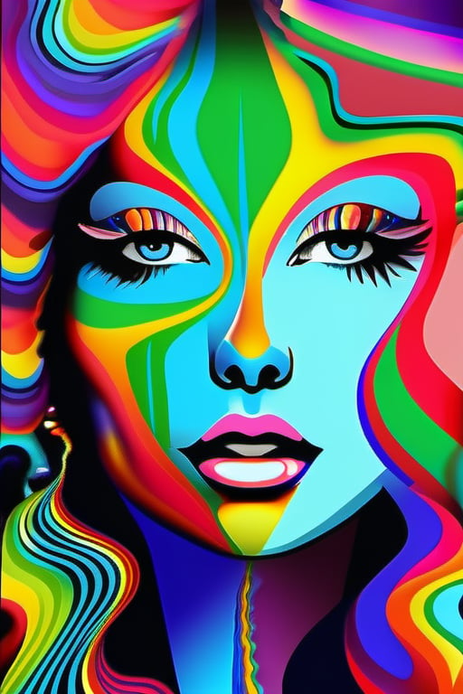 Psychedelic, psy art, 1girl, colorful, rainbow, solo, abstract, looking at viewer, portrait, makeup