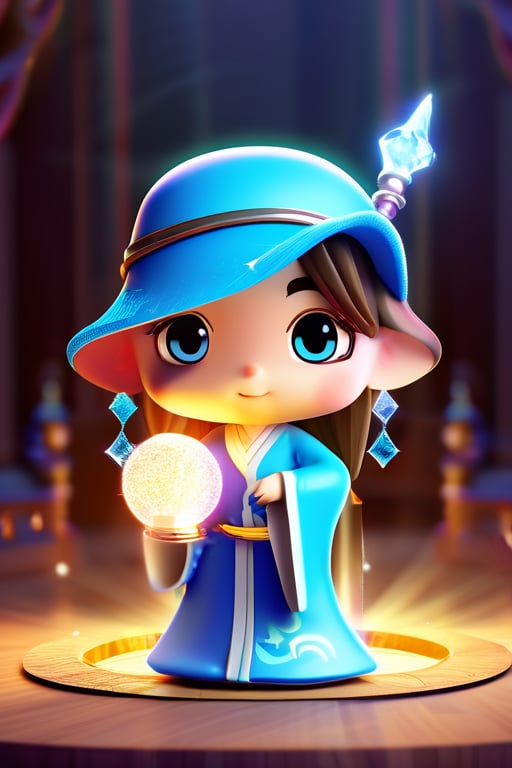 (best quality, masterpiece:1.6), 3d cartoon, cute cartoon, beautiful eyes, blue eyes, light in eyes, chibi chinese, goddess, chinese clothes, 1girl, solo, wizard hat, robe, holding staff, on magic circle, sparkles, light particles, crystal, prism, glowing light, magic effect, colorful, glow, bokeh
