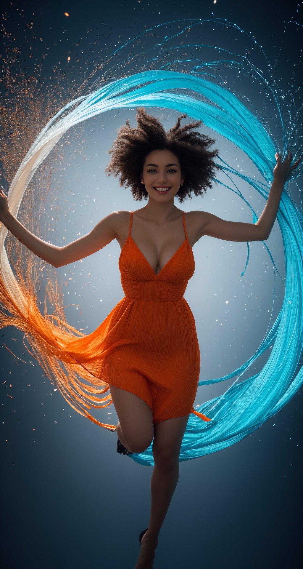 , (Masterpiece, best picture quality, HD picture), Perfect body, Golden ratio, girl, wink, smile, (orange and blue color | hair, gradient :1.2, deep v), (random color | skeleton dress, spun yarn), ribbon hair accessories, Crystal earrings, Africa, bakelite, rotating jump, motion Angle, epic composition, master photography, (Film particle :1.4), Leica filter, Contrast ratio :1.3,nsfw,consensual_sex,big_breasts